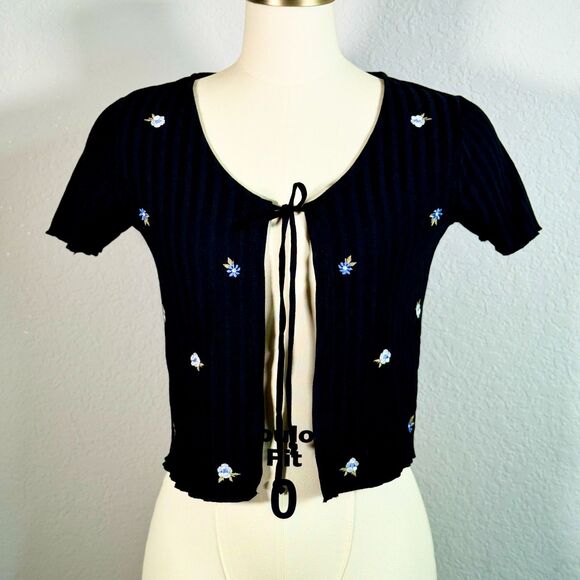 SO Ribbed Tie Front Baby Tee Crop Top Black XS Y2K Inspired - Picture 2 of 5